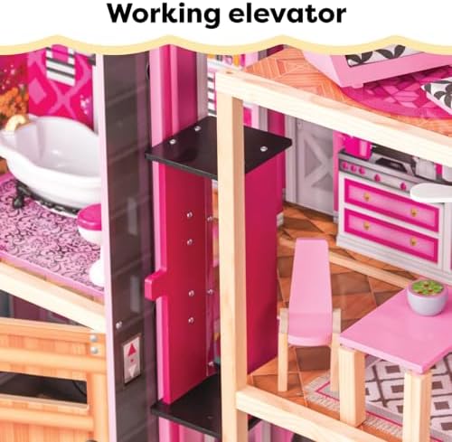 KidKraft Wooden Dollhouse Shimmer Mansion for 12" Dolls | Over 4 Feet Tall, Garage, For 12-Inch Dolls, DIY Pink Doll House, Gift for Ages 3+