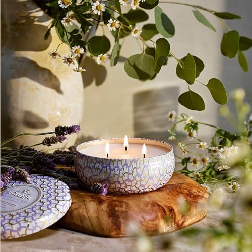 Voluspa Santal Vanille, 3 Wick Tin Candle, 12 oz, 40 Hour Burn Time, Coconut Wax for Clean Burning, Handcrafted in the USA