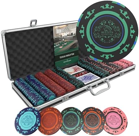 Bullets Playing Cards | Poker Set Corrado | 500 Clay Poker Chips (14 g) with Aluminum Case & Playing Cards – Texas Hold’em