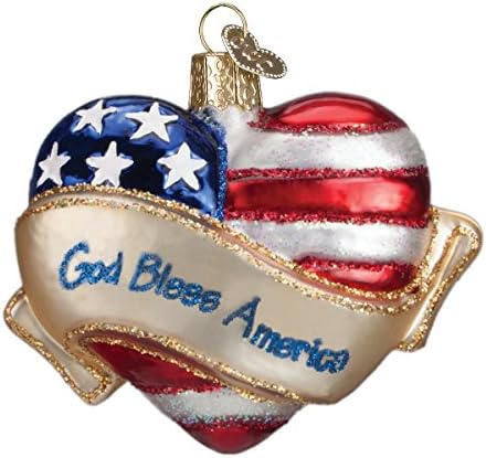 Old World Christmas God Bless America Heart Glass Blown Ornament for Christmas Tree, Handcrafted Holiday Decoration, Heart Collection