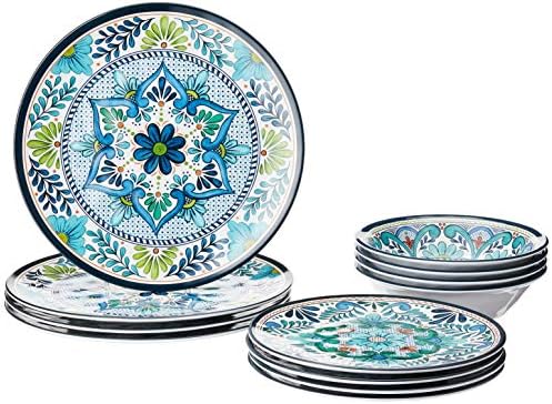 Talavera Melamine 12-Piece Dinnerware Set – Multicolored Plates and Bowls for 4, Spanish Tile-Inspired, Durable, Lightweight, Shatterproof
