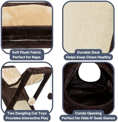 TRIXIE Miguel Fold and Store Cat Hammock, Indoor Cat Furniture with Dangling Toys, Scratching Pad, and Cave, Taupe/Light Gray