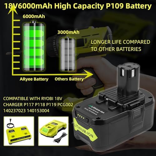 ARyee 18V Battery 6.0Ah 2-Pack, Replacement for Ryobi P107 P108 P109 Cordless Tools, Lithium-Ion Battery for Ryobi One+ 18V Power Tools