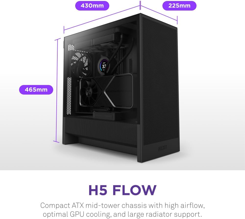 NZXT H5 Flow RGB - Compact ATX Mid-Tower PC Case - White | Compact mid-tower with included F360 RGB Core fans, 360mm radiator support, tempered glass. CAM-ready RGB out of the box.