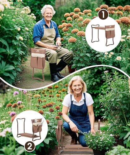 LUCKYERMORE Garden Kneeler and Seat Folding Kneeling Bench Stool with Tool Pouches Soft EVA Foam for Gardening,Asiento Garden Kneeler,Brown