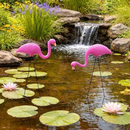 GiftExpress Pink Flamingos Yard Decorations - 2 Pack Small 14" Tall Plastic Flamingo Statue w/Metal Stakes - Lawn Ornaments & Garden Decor for
