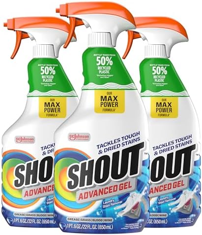SHOUT Advanced Laundry Stain Remover Gel for Clothes Laundry, Breaks Down Stubborn, Dried-in, and Tough Stains, 22oz Spray, Pack of 3 (Packaging May Vary)