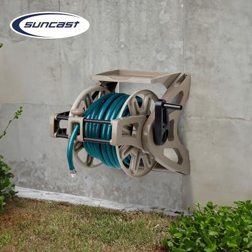 Suncast Slide Trak Garden Hose Reel, Wall-Mount Holder with Storage Tray, Dark Taupe - Outdoor Mounted Organizer for 175 Ft of 5/8" Standard Vinyl Water Hoses in Lawn and Yard