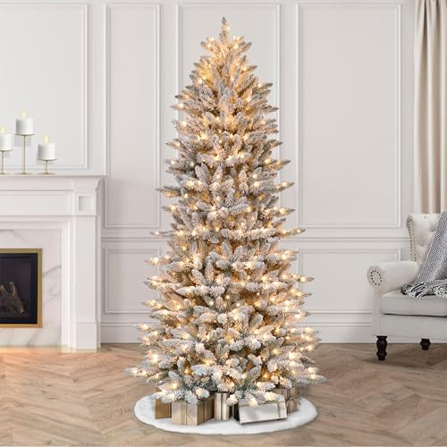 Puleo International 7.5 Foot Pre-Lit Slim Flocked Fraser Fir Artificial Christmas Tree with 500 UL Listed Clear Lights