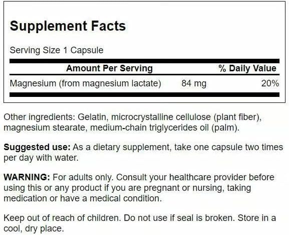 Swanson Magnesium Lactate Lactose-Free, 84 mg, 120 Capsules | Lactose-Free Mineral Supplement for Muscle and Bone Health Support, Gentle on the Stomach, Non-GMO and Gluten-Free