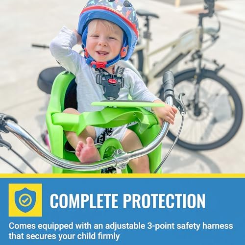 Front Mounted Child Seat with Patented Mounting for Easy and Secure Installation - Child’s Bike Seat with 3-Point Safety Harness and Adjustable