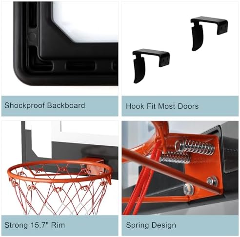 Large Wall Mount Basketball Hoop Set with Door Hooks, 32" x 23" Backboard, Spring Rim, Indoor Outdoor Basketball Practice Equipment for Adults