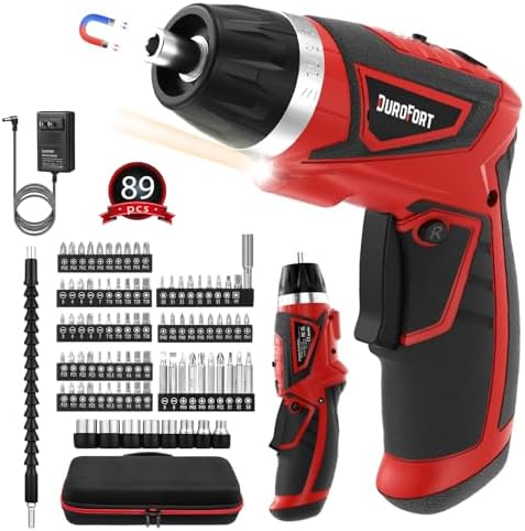 Cordless Electric Screwdriver Set, 8V 10Nm Rechargeable Power Electric Drill, Battery Screw Gun with Driver Bit, 320RPM/10+1 Torque, 2 Position Handle, Flexible Shaft LED Light (Red, 28Pcs)