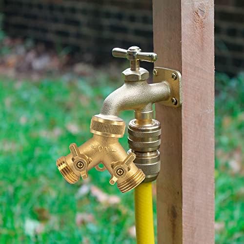 Hourleey Brass Garden Hose Splitter (4 Way), Solid Brass Hose Connector 3/4", Hose Spigot Adapter 4 Valves with 4 Extra Rubber Washers