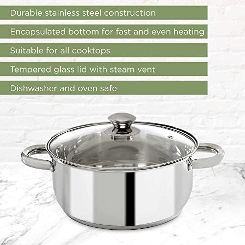 Ecolution Stainless Steel Sauce Pan, Encapsulated Induction Ready Cooking Pot with Glass Lid, Oven Safe, Dishwasher Safe Soup Pot, 2-Quart