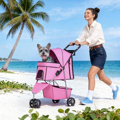 BestPet | 3-Wheel Pet Stroller | Dog and Cat Stroller | Breathable Mesh | Lightweight Travel Carrier | Waterproof & Foldable Design | Storage Basket | Black | for Daily Walks & Outdoor Use | Breathable Mesh | Lightweight, Waterproof Travel Carrier with C…