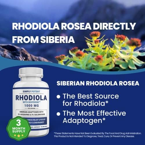 Simply Potent Siberian Rhodiola Rosea Capsules, Max Absorption Rhodiola 1000mg 180 Pills with 10mg Bioperine