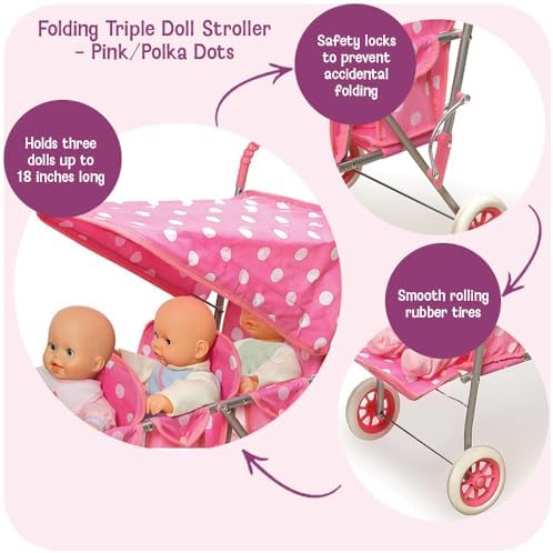Badger Basket Triple Doll Stroller with Canopy, Foldable Toy Pram - Pink | Triple-seat stroller fits 14.5–18" dolls, foldable, canopy, seat belts
