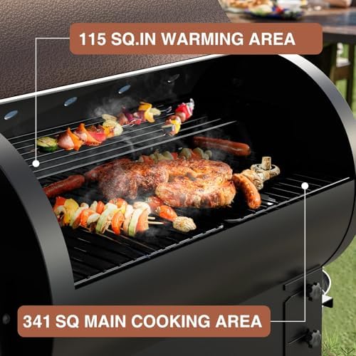 KingChii Electric Wood Pellet Grill & Smoker with Side Shelf, 456 SQ.IN Grill Capacity, with PID Temperature Control (180-425°F) for Backyard Camping Bake and Roast, Black