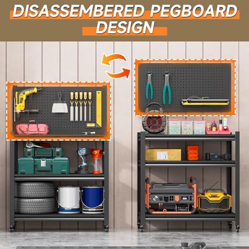 Workbench on Wheels, Adjustable Heavy Duty Work Table with Wheels, Heavy Duty Workstation, Metal Tool Work Bench for Garage Warehouse Workshop, 32" H x 18" D x 34" W