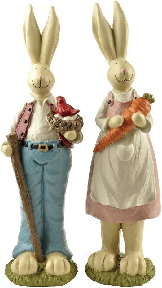Easter Bunny Decorations Couple Rabbit Holding Bird Chutes and Carrot, Hand-Painted Crafts Statue
