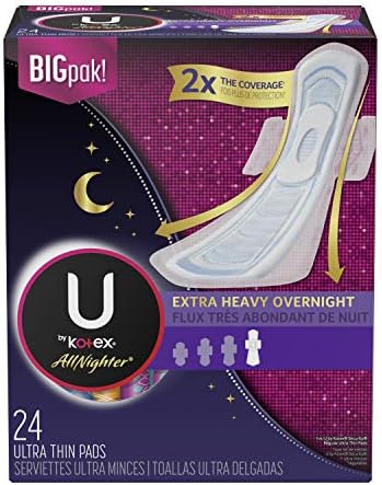 U by Kotex AllNighter Ultra Thin Overnight Feminine Pads with Wings, Extra Heavy Flow, Unscented, 72 Count (24 x 3)