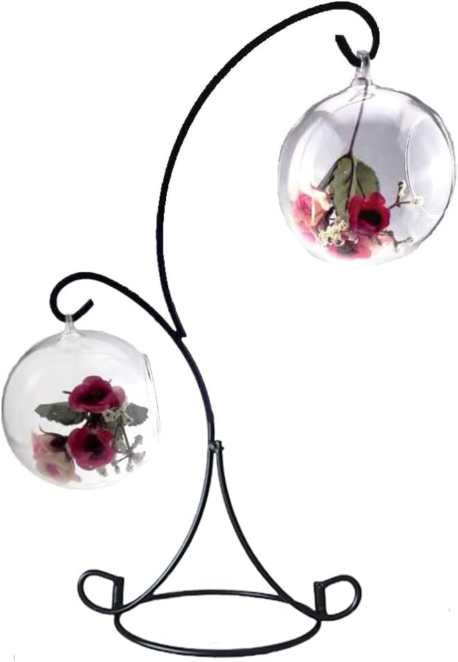 Ornament Display Stand Iron Pothook Stand for Hanging Glass Terrarium/Picture (Double-Hook, Black)