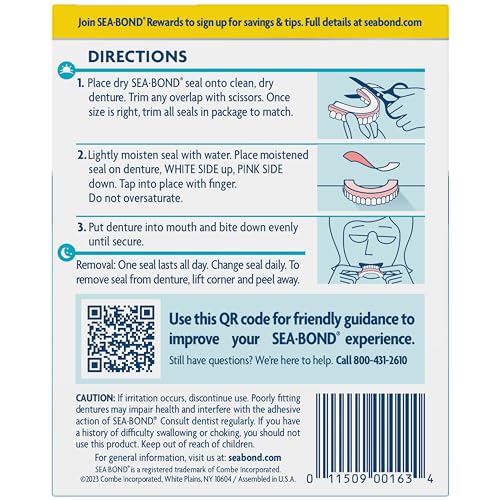 SEA BOND Denture Adhesive Seals, Original, Uppers, 30 Count (1 Pack) | Zinc-free denture adhesive seals for all-day hold. Soft cushiony seal without mess or ooze. Provides comfort and confidence.