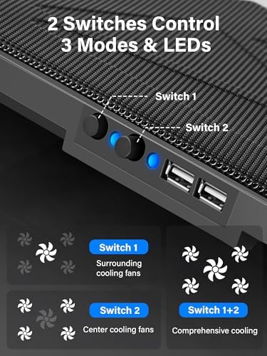 Kootek Laptop Cooling Pad Cooler Stand with 5 Quiet Fans for 12"-17" Laptop | 5 Fans, USB Powered, Laptop Cooling Stand with 2 USB Hub, 6 Adjustable Height, 360° Cooling Coverage, Anti-Slip, Blue LED