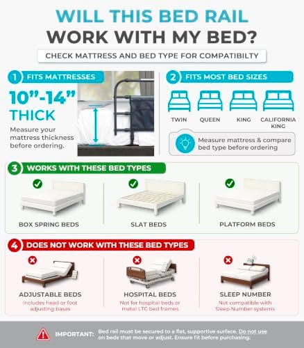 Stander EZ Adjust Bed Rail, Adjustable Senior Bedrail and Safety Assist Railing for Elderly Adults with Organizer Pouch