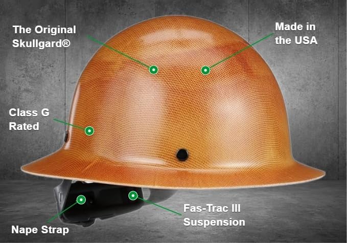 MSA Skullgard Full-Brim Hard Hat with Suspension - Non-Slotted Cap, Made of Phenolic Resin, Radiant Heat Loads up to 350F, Standard Size Hard Hat | Fas-Trac III Ratchet Suspension