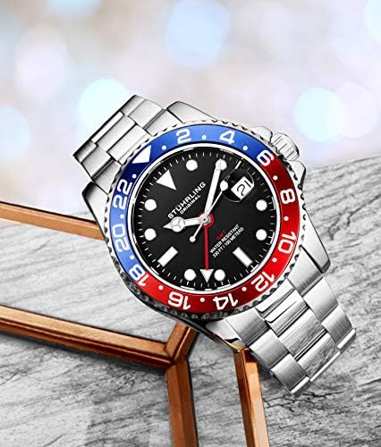 Stuhrling Original Men's Stainless Steel GMT Watch Quartz - 42mm Quartz Analog Wrist Watch for Men, Mens Quartz Watch, Stainless Steel Case