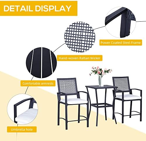 Outsunny 3pcs Patio Bar Set with Soft Cushion, Rattan Wicker for Poolside | Outdoor Furniture Set, for Backyards, Lawn, Deck