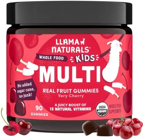 Llama Naturals Kids Multivitamin Gummies | Real Fruit, No Added Sugar Cane | Organic Vegan Toddler Whole Food Vitamins | Vitamin D, C & Beta Carotene Gummy Supplement | Cherry 90 Ct (1-2 Months)