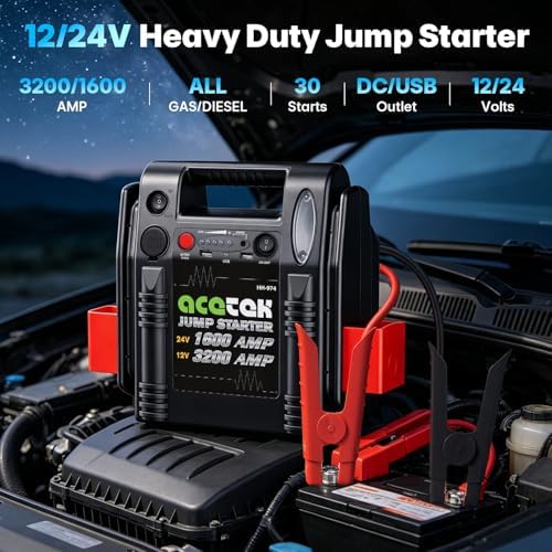 24V / 12V Jump Starter, acetek 1600/3200 Peak Amp Battery Jump Starter for Truck Car Tractor Excavator