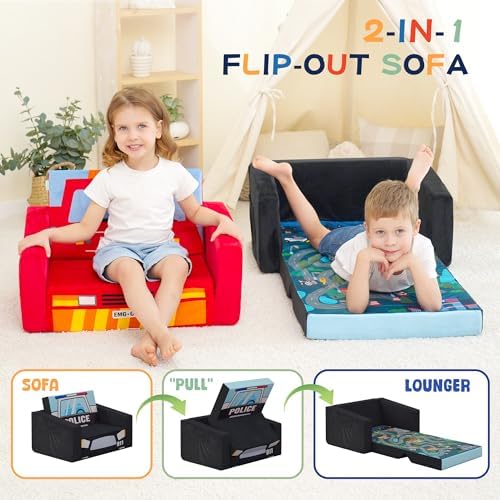 MallBest Kids Sofas Children's Sofa Bed Baby's Upholstered Couch Sleepover Chair Flipout Open Recliner(Red/Fire Truck)
