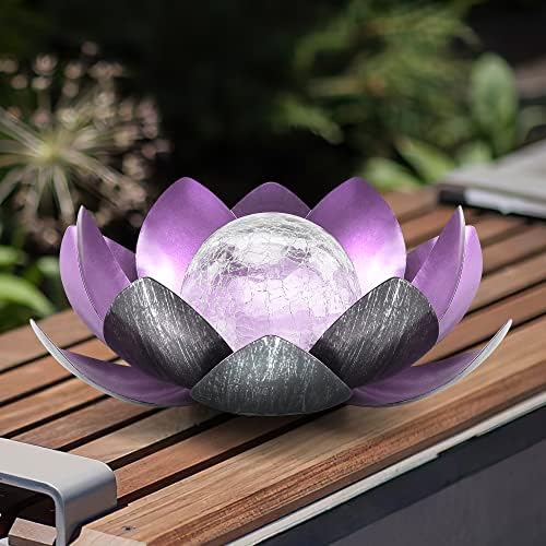 Outdoor Solar Lights, Garden Decor, Crackle Glass Globe, Waterproof Metal Lotus Flower Light for Patio, Lawn, Walkway, Tabletop, Ground