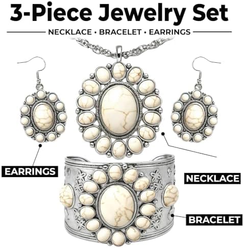 Shop LC Howlite Western Jewelry Set for Women Boho Cowgirl | 3-Piece Necklace Bracelet Earrings, Turquoise-Inspired, Chunky Statement, Southwestern