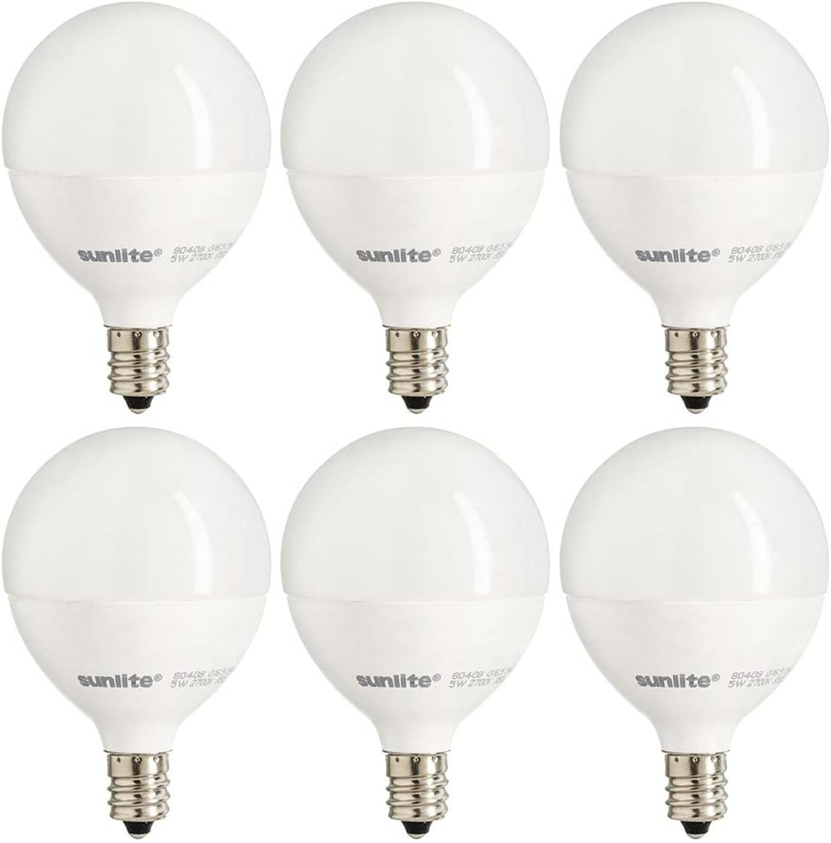 Sunlite G16.5 Light Bulb LED, 5W (40W Equiv.), 350 Lumens, Dimmable, Type G Globe Shape E12 Candelabra Base, Short Bulbs, Vanity Mirror Bulbs, 2700K Soft White, Frosted, 6 Count