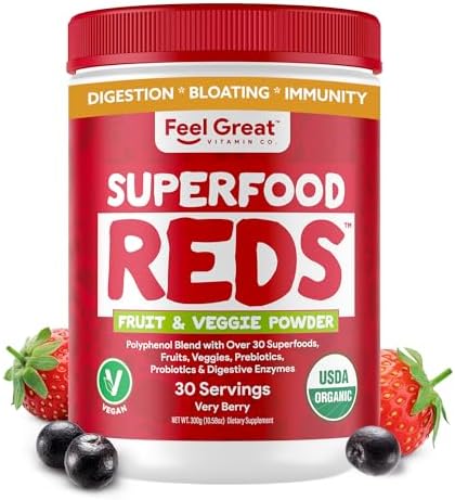 ​Feel Great Organic Superfood Reds Powder Packed with Beet Root Powder | Digestive Support Including Bloating Relief | Fruit and Veggie