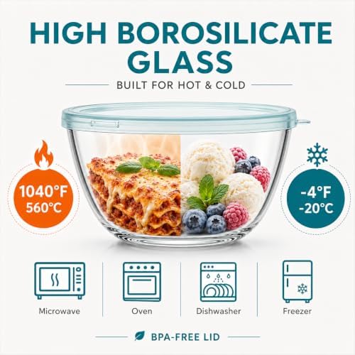 Luvan Glass Mixing Bowls with Lids Set(4.5QT, 2.7QT, 1.1QT)-Large Glass Mixing Bowls, Clear Salad Bowl for Baking, Cooking, Serving, Food Prep, 3PC Nesting Bowls for Kitchen Storage & Dishwasher Safe