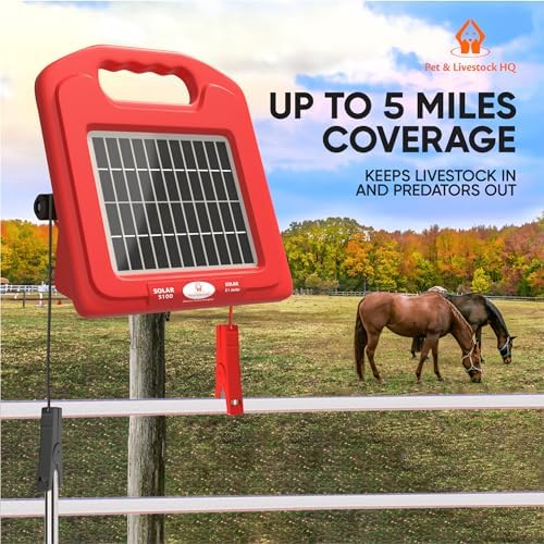 Solar Electric Fence Charger 5 Mile - Solar Powered Energizer for Livestock - Low Impedance Solar Fencer Battery Powered
