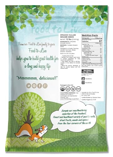 Food to Live Organic Hulled Sesame Seeds, 2 Pounds – Whole Raw White Sesame Seeds, Non-GMO, Kosher, Vegan, Unroasted, Bulk. High in Iron, and Calcium. Perfect for Tahini Paste, Stir-fries, and Salads.