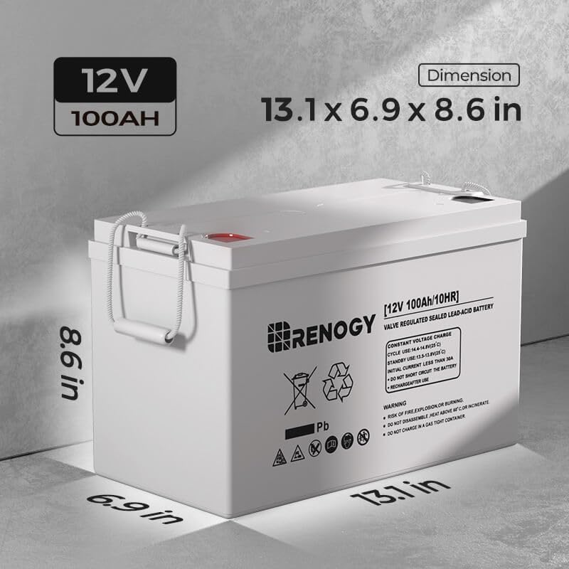 Renogy Deep Cycle AGM 12 Volt 100Ah Battery, 3% Self-Discharge Rate, 1100A Max Discharge Current, Safe Charge Appliances for RV, Camping, Cabin
