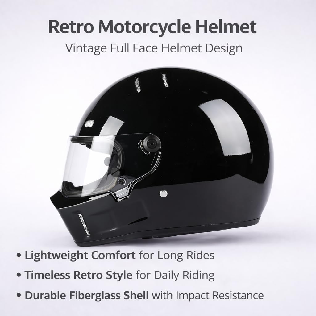 CRG Sports Retro Full Face Motorcycle Helmet, DOT Approved Fiberglass Street Bike Helmet with Clear Visor, Lightweight Cafe Racer Cruiser Motorcycle Helmet