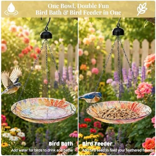 VCUTEKA Hanging Bird Baths Outdoor Glass Birdbath Feeder for Garden Decor