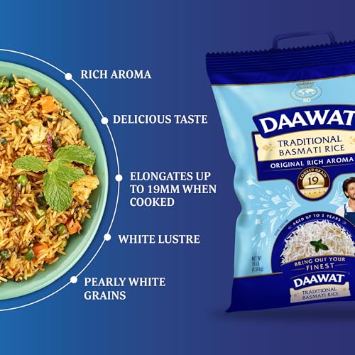 Daawat Traditional Basmati White Rice - 10 lb Bag | Authentic Extra Long Grain Basmati Rice - Great for Curries, Pilafs & Indian Recipes - Cook in Microwave or on Stove Top