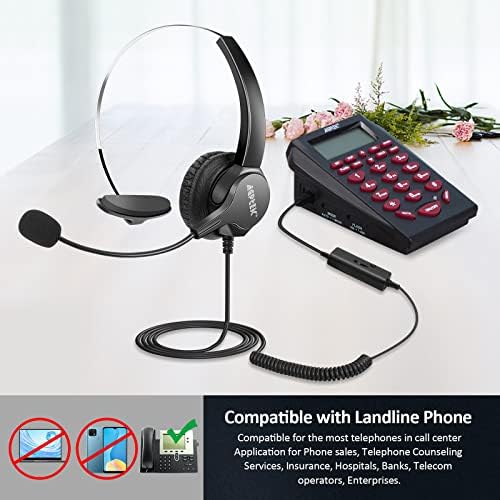 AGPTEK® Hands-Free Call Center Noise Cancelling Corded Headset | with Microphone, Monaural Headset Headphone for Desk Telephone, with 4-Pin RJ9 Crystal Head