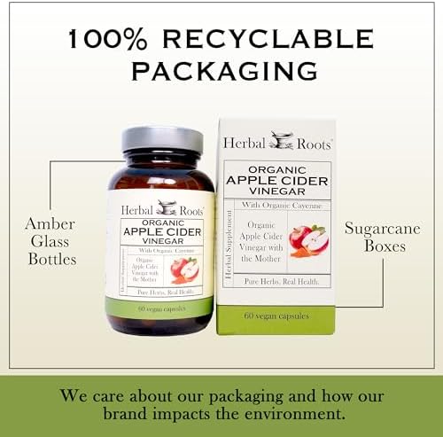 Herbal Roots Organic Apple Cider Vinegar Capsules with Mother - Pure Extra Strength - 60 Vegan Capsules