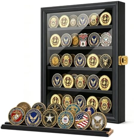 Jinchuan Military Challenge Coin Display Case Lockable Cabinet Rack Holder Shadow Box with Removable 2 Grooves Shelves and Anti Dust Door for Casino